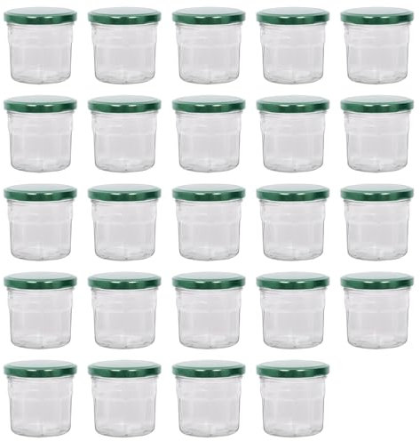 Argon Tableware Glass Jam Jars with Airtight Green Lids - 130ml - Pack of 24 - Empty Screw Top Kitchen Storage Jar for Food, Honey, Spice, Pickling, Preserving, Candle Making