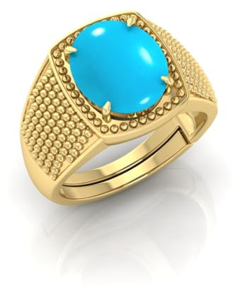 INDIA MADE 6.25 Ratti Original zertifizierter türkiser Stein Fired, vergoldet, verstellbarer Ring mit Laborzertifikat für Männer und Frauen (To4)-39595, Silber, synthetischer Saphir, Silber,