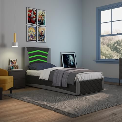 SlumberWorx GALAXY OTTOMAN STORAGE LED HEADBOARD GAMING SINGLE BED FRAME (Black and Grey)