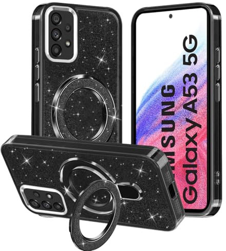 TVVTPU Handyhülle für Samsung Galaxy A53 5G Hülle mit Magnetisch Ring Ständer, Transparent Glitzer Silikon Stoßfest Kratzfest Hart PC Rückseite Schutzhülle Case, Schwarz