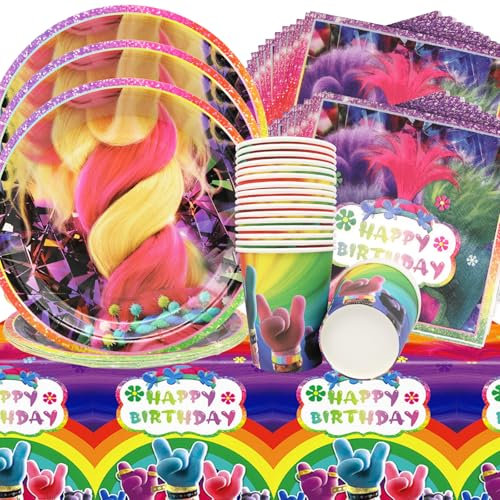 Doyomtoy Trolls Vaisselle de fête,61Pcs Vaisselle pour fêtes d'anniversaire Assiettes,Serviettes,Gobelets,Nappes Trolls Décorations de Fête Pour les fêtes d'anniversaire d'enfants Fête de bébé
