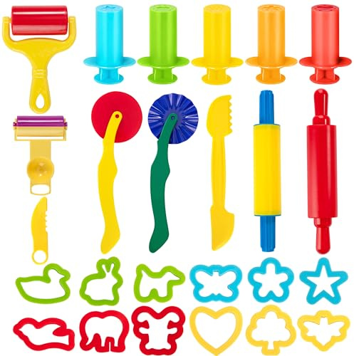 Jesustree Knete Zubehör, 25 Stück Knetwerkzeug Teig Plastilin Werkzeuge für Kinder, DIY Knetmasse, Extruder, Ausstechformen Küchenspielzeug, Lernspielzeug Spielzeug Geschenk für Jungen und Mädchen