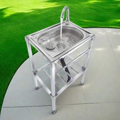 Évier d'extérieur portable en acier inoxydable avec robinet d'eau froide unique, idéal pour le camping, le garage, le jardin et le bar Lavabo autonome et multifonctionnel