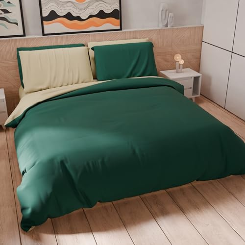 PETTI Artigiani Italiani - Double Duvet Cover Set 200 x 200 cm (1 Pillow Case 50 x 80 cm Included), Soft Microfibre Duvet Cover Set, Plain Taupe - Emerald Green