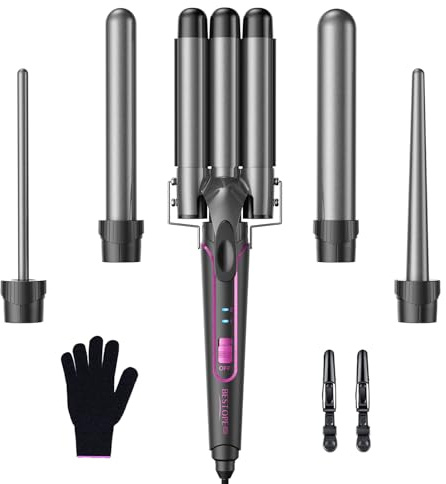 BESTOPE PRO Juego de rulos de hierro corrugado 5 en 1 - rulos de 3 barriles para bucles grandes sin bucles de cerámica con diferentes accesorios Ajuste de temperatura, Gris