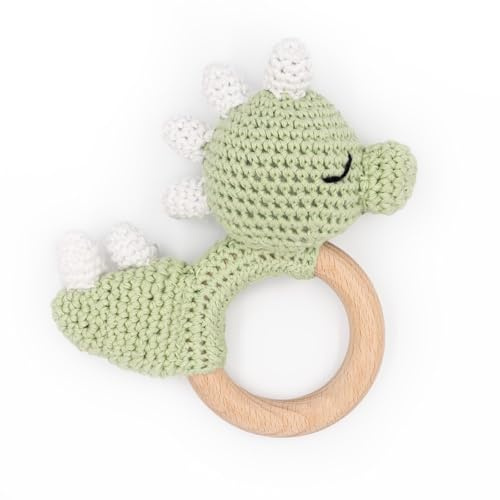 Greifling personalisiert mit Namen - Holz Beißring Baby gehäkelte Tiere - Babyrassel - Babygeschenke zur Geburt für Mädchen/Jungen - Baby Erstausstattung Neugeborene (Dino)