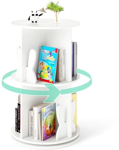 COSTWAY 3 Tier Kids Bookshelf, 360° Rotating Bookcase with Bookends, Floor Standing Book Tower Storage Rack for Small Space, Kids Room, Bedroom, Nursery (White)