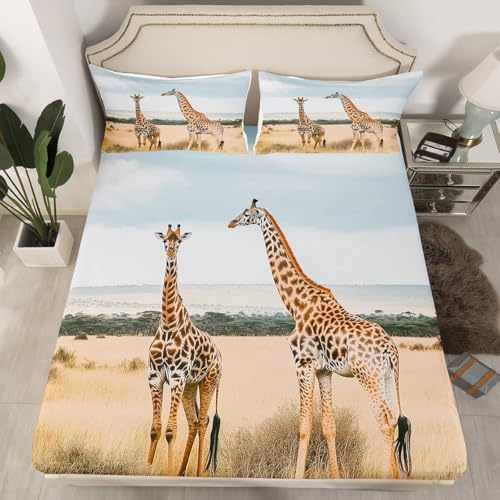 3D Spannbettlaken 180x200 Afrika Tiere Bettlaken Weiches Atmungsaktiv Spannbetttücher Giraffe Mikrofaser Spannbetttuch Tiefe Tasche 30 cm Mit 2 Kissenbezügen 80x80 cm q.1452