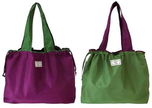 Godneei 2 Articoli Borsa Shopper, Borsa Spesa Pieghevole, Poliestere Antistrappo, Viola E Verde Erba, Grande Capacità, 52 X 42 Cm, Carico Massimo 15 Kg, Adatte Per L'uso Quotidiano