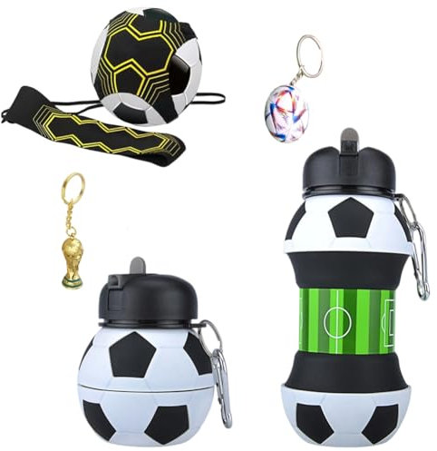 Botella de fútbol infantil, 550 ml, plegable, de silicona, para entrenamiento de fútbol, con mosquetón, llavero para niños