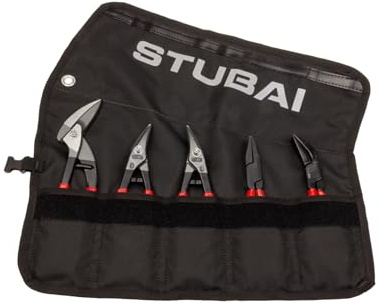 STUBAI Mini-Zangen-Set | Rolltasche, 5-teilig | PVC - isoliert | mit Mini Durchlaufschere | rechte & linke Blechschere | Falzzange gerade & 45° gebogen | Profi-Spenglerwerkzeug kompakt & griffbereit