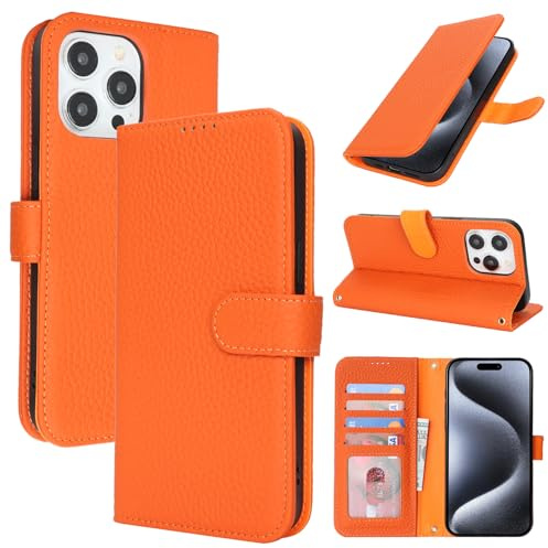 Zouzt Leather Wallet Case for iPhone 15 Pro (6.1), 4 Card Slot, Orange | Genuine Leather, Card Holder, Shockproof TPU Shell, Magnetic Closure, Protective Flip Folio Phone Cover, For Women Men