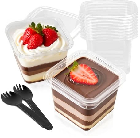 MeYuxg Gobelets à Dessert en Plastique avec Couvercles, 50 Pièces Verres à Dessert 360ml, Réutilisable Coupes à Dessert Carrées Bol D'apéritif Parfait Transparente pour Tiramisu Pudding Mousse Party