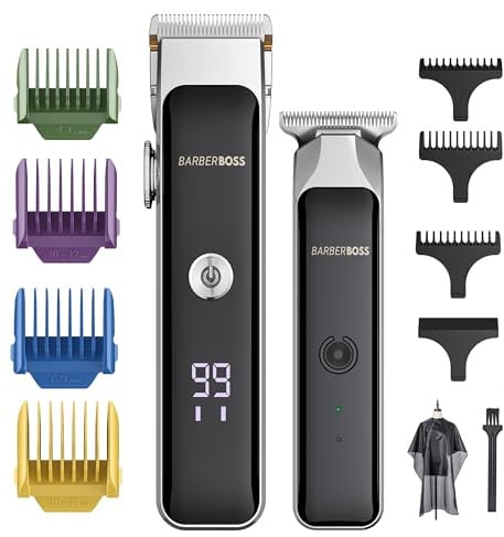 BarberBoss Schnurloses Bart- & Haarschneidemaschine Set für Männer, Dual Wiederaufladbare Trimmer mit Keramikklingen, Einstellbare Geschwindigkeit, Präzisionszifferblatt, Herren Gesichtshaarschneider