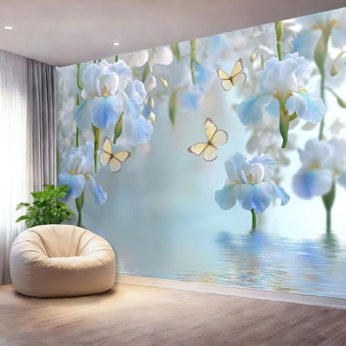 Vliestapete 250 x 175 cm mit Elegant Blumen Iris Schmetterling Muster, Abziehbar Fototapete für Kinderzimmer Wohnzimmer Spielzimmer Wandbild Tapeten - Hellblau Drucken Modern Wanddekoration