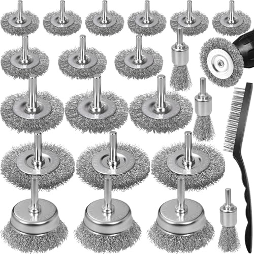 SBGGRL 22-Pack Wire Brush for Drill, Carbon Steel Crimped Brushes – Spherical Wheel, Cup, Pen End & Hand Brushes Set, Fit 1/4 Inch Round Shank Power Drill Attachment for Rust, Paint, Abrasive Removal