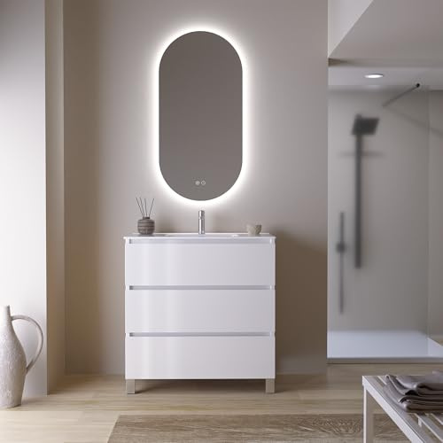 Feel Your Bath Conjunto Mueble de Baño Jaguar 80 cm Blanco Brillo, 3 Cajones Soft Close, Patas Negras, Encimera Cerámica Blanco Brillo con Lavabo y Espejo Ovalado LED Antivaho, Buen Almacenaje