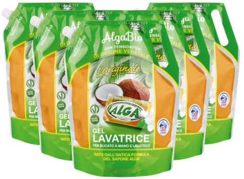 ALGA BIO - Detersivo Concentrato in Gel per Lavatrice e Lavaggio a Mano, Sapone Potassico Vegetale, Elevato Potere Sgrassante e Detergente per Bucato e Vestiti 1500ml x 5