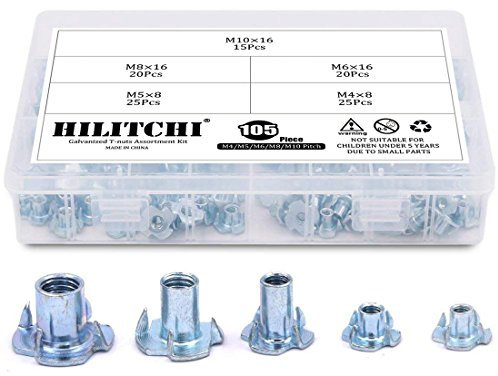 hilitchi 105-pcs M4 5 6 8 10 Zink vergoldet Stahl T-Nut Vier Claw Muttern Sortiment Kit für Holz Klettern Schutzlack für Möbel