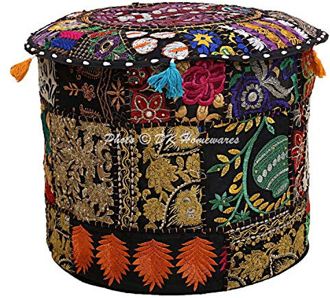 DK Homewares Ethnic Round Hassock Pouffe Schwarz Patchwork Bestickte Baumwolle Möbel Puffbezug Dekorative Osmanische Fußstütze Hocker Sitzmöbel | (18x18x13 Zoll / 45 cm) NUR ABDECKEN