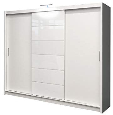 Furniture24 Kleiderschrank Malibu Schlafzimmer 3 Türiger Schwebetürenschrank Schrank mit Kleiderstange 8 Einlegeboden Spiegel und 2 Schubladen Weiß Schiebetür