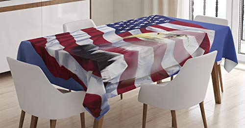 ABAKUHAUS Amerikanische Flagge Tischdecke, Weißkopfseeadler-Symbol, Für den Inn und Outdoor Bereich geeignet Waschbar Druck Klar Kein Verblassen, 140 x 200 cm, Marineblau Rot