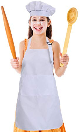 CWFUN Kids-Child's White Apron and Chef Hat Set,Aprons for Kids-Boys Girls Adjustable Aprons-Children Kid's Kitchen Cooking and Baking Wear(4-12 Years Old) (White, Large)