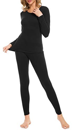 iWoo Thermal Underwear Womens Black Thin Pants Long Sleeve Bottoms Tops Baselayer Set Ladies Thermal Base Layer Leggings Manufacturer Size 5, (UK Size: XL, Black)