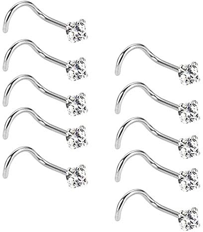 Liuxn 20 Gauge 10 Pièces Vis à Nez en Acier Inoxydable Nose Studs Bijoux Piercing en Zircon Cubique