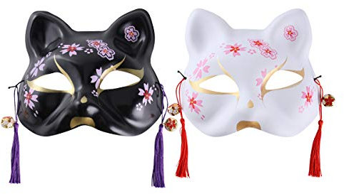 PRETYZOOM Lot de 2 masques japonais en forme de chat pour Halloween - Demi-visage - Masque Kabuki - Accessoire de déguisement
