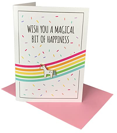 Einhorn Karte mit Einhorn Anstecker - Geburtstagskarte für Mädchen - Glückwunschkarte zum Geburstag - Für Kinder - Kleiner Ansteck-Pin als Geschenk - rosa Briefumschlag - niedlich - Regenbogen