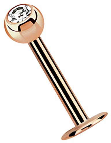 Piercing labret en or rose, plaque de 4 mm en 1,2 mm avec boule en pierre transparente de 3 mm, Acier inoxydable