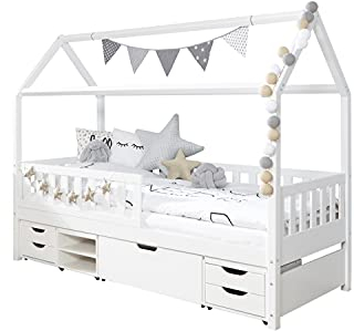 TiCAA Kinderbett Hausbett mit Schubkasten 90x200 cm, für Jungen & Mädchen, inkl. Vorhangstoff, Variabler Rausfallschutz, Montessori Bett weiß aus Kiefer Massivholz