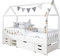 TiCAA Kinderbett Hausbett mit Schubkasten 90x200 cm, für Jungen & Mädchen, inkl. Vorhangstoff, Variabler Rausfallschutz, Montessori Bett weiß aus Kiefer Massivholz