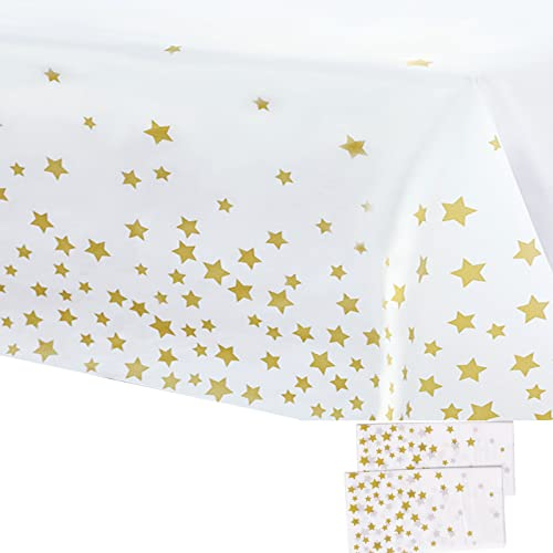 2Pcs 137*274cm White and Gold Disposable TableCloths Party Paper Plastic TableCloth,Gold Star Rectangular Waterproof Table Cover for Picnic,Baby Shower,Wedding,Christmas,Birthday Party Decorations