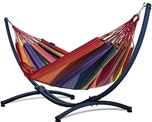 Potenza Outdoor Hängematte mit Gestell für 2 Personen I Morena - 100% Baumwolle Doppelhängematte 230x160 cm, 220kg I Hängemattengestell 220kg, wetterfest (Arriba, Basic Gestell Graphit)
