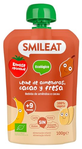 Smileat - Pouch de Frutas Ecológicas - Sin Sal ni Azúcar Añadido, Sin Gluten - Snack Práctico para Peques - Sabor a Leche de Almendras, Cacao y Fresa