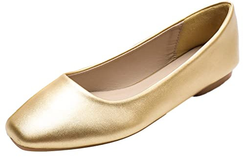 ANUFER Damen Ballerinas Quadratischer Zeh Mikrofaser-Leder Schlüpfen Kleid Pumps Schuhe Gold Matt SN0707127 EU39.5