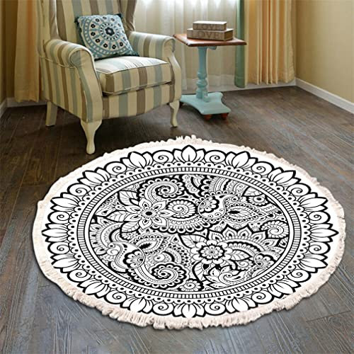 Runder Bohemian Teppich - Großes Mandala Muster Mit Quasten, Waschbare Baumwolle für Wohnzimmer Schlafzimmer (150cm, Schwarz-Weiß)