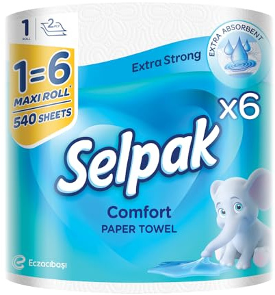 Rollo de cocina Selpak Comfort Maxi 100% celulosa pura 2 capas, 540 hojas adecuadas para contacto con alimentos, paños de cocina, toallas de papel de cocina, paquete de 6
