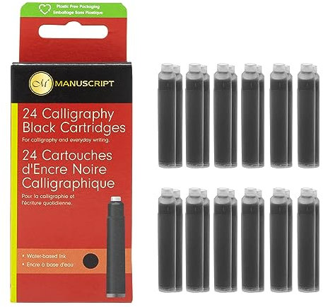 Manuscript Black Ink Cartridges (Pack of 24) - Calligraphy Ink Cartridges for Fountain Pens, Compatible with International Size Fountain Pen, Perfect for Creative Writing