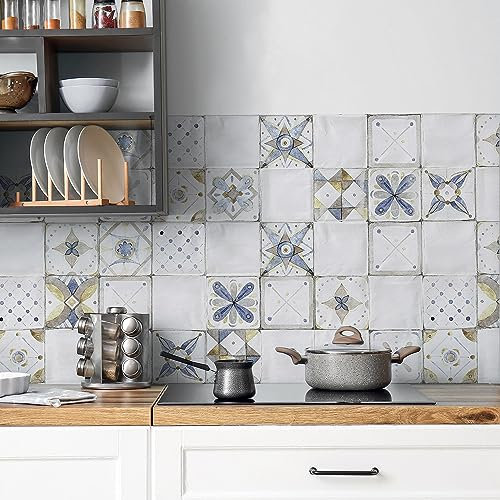 CREARREDA Panneau de Cuisine Anti-éclaboussures, Autocollant Mural Facile à appliquer, Motifs Carreaux de Provence, 260 x 60 cm, 100% fabriqué en Italie, en PVC, Ignifuge et résistant à l’Eau, évier
