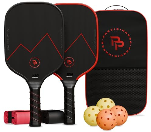 Precision Pro Palas de pickleball de fibra de carbono de alta calidad, juego de 2 paletas de pickleball de 14 mm con asas de diseño único y bolas de pickleball para interiores y exteriores, cómodo