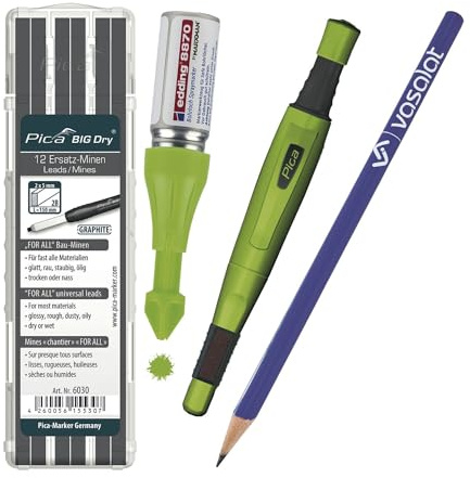 Tieflochmarker Spray grün - Bohrlochmarker für deutlich sichtbare Markierungen, bis zu 250 Bohrlöcher + Pica Big Dry mit 12 Ersatzminen graphit 2B