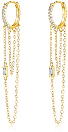 Kamise Silver Small Hoop Earrings, 925 Sterling Silver Huggie Hoop Earrings Hanging for Women Lady Girls, Hypoallergenic Double Long Chains Drop Earrings, Gold Dangle Hoop Earrings with Zirconia
