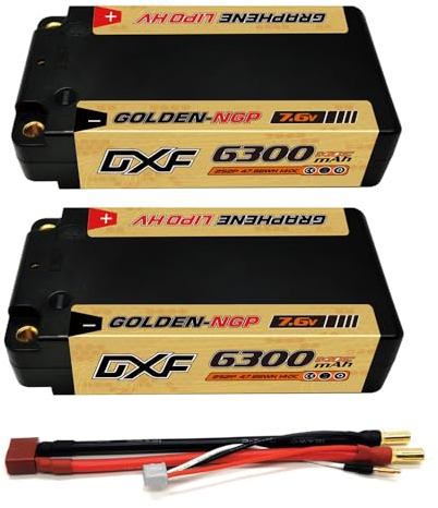 DXF Lot de 2 batteries LiPo 2S - Puissantes - 7,6 V, 6300 mAh, 140 C, 5,0 mm - Prise Deans/T pour modèles 1/8 et 1/10 - Plus axial - Essentiel pour les amateurs de Lipo 2S