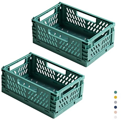 hautllaif 2 Stück Faltbare Kunststoff Aufbewahrungsbox, Einkaufskiste Klappbar, Stabil Klappboxen Faltbar für Küche, Büro, Schlafzimmer, Schrank, Schublade (Grün, 22*14.7*9.3)