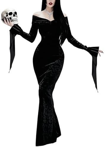 LUYANA Damen Gothic Samt Lange Kleid Halloween Kostüm Party | Schulterfrei, Einfarbig Maxi Schwarz Gothic‑Kleid, für Halloween‑Kostüm, Mottoparty, Cosplay, Schulaufführung, Maskenbälle