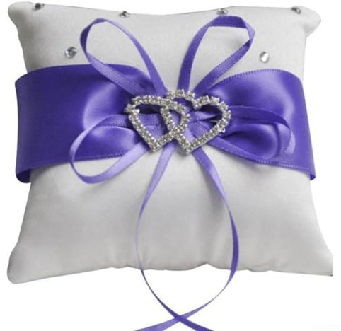Glamouröses Doppelschlaufen-Strass-Herz-Ringkissen, weiß, blau, rot, lila (lila)
