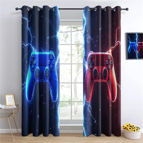 Blackout Curtains Gaming Concept Game Controller Door Curtains Thermal W 29.5 x L 65 (2 Panels) Blue Printed Window Treatment Curtains for Living Room, Eyelet Curtain Bedroom